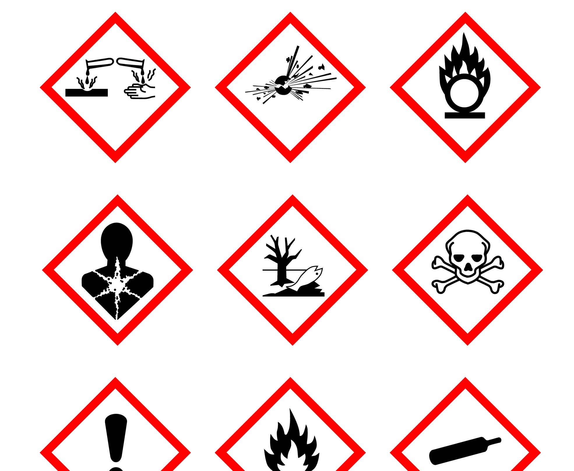 Raster illustration GHS pictogram hazard sign set, set icons isolated on white background. Dangerous, hazard symbol collections